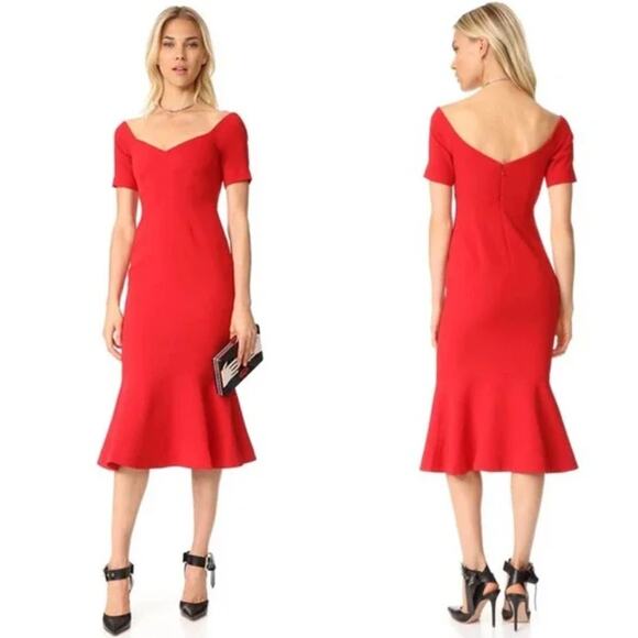 Cinq à Sept Marta Off Shoulder Red Midi Dress Ruffle Hem Womens 10 NEW Cocktail - Picture 1 of 15